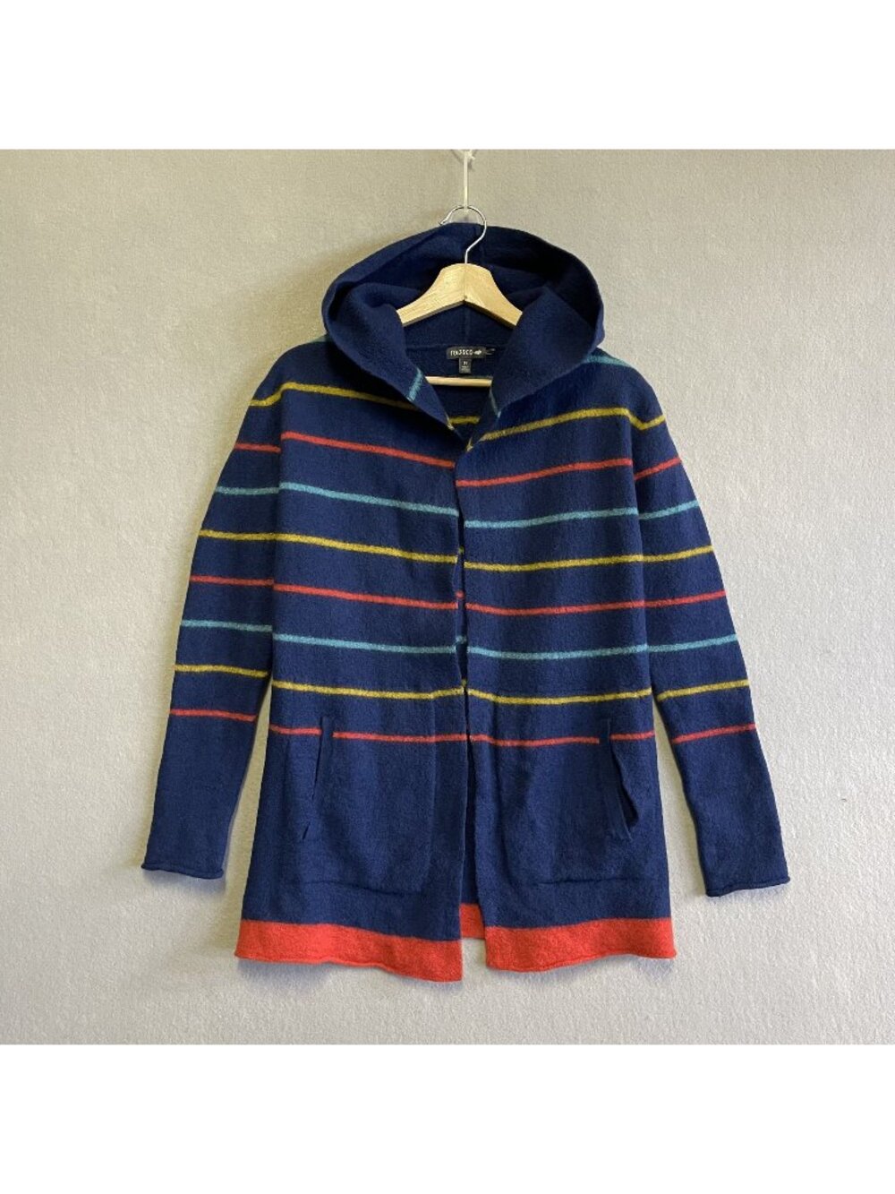 Toad&Co Merino Wool Heartfelt Hoodie Navy Blue With Colorful Stripes Size M